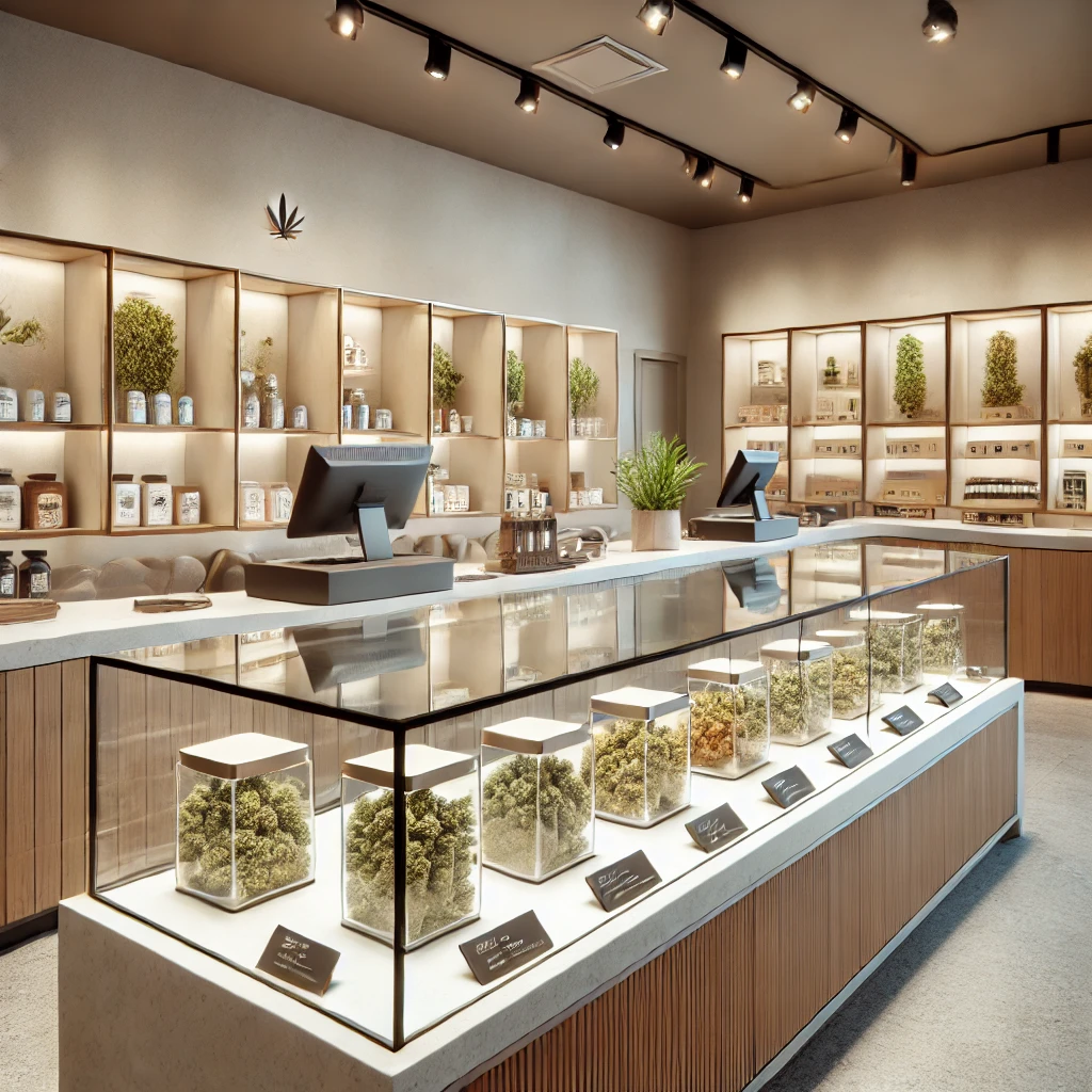 Dispensary staff serving a customer in a retail environment